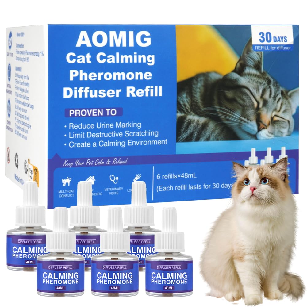 Aomig Pets Recharge Diffuseur pour Chats Lot de 6 * 48ml, Recharge Complexe de Phéromones, Pheromones Aider Votre Chat à se Calmer