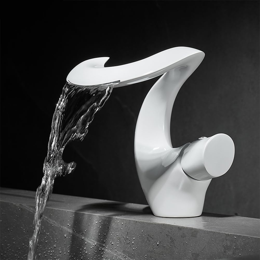 Wasserhahn Bad Wasserfall Waschtischarmatur Messing Einhebel Mischbatterie Waschbecken Armatur, Badarmatur Waschtischbatterie Badezimmer, Weiß