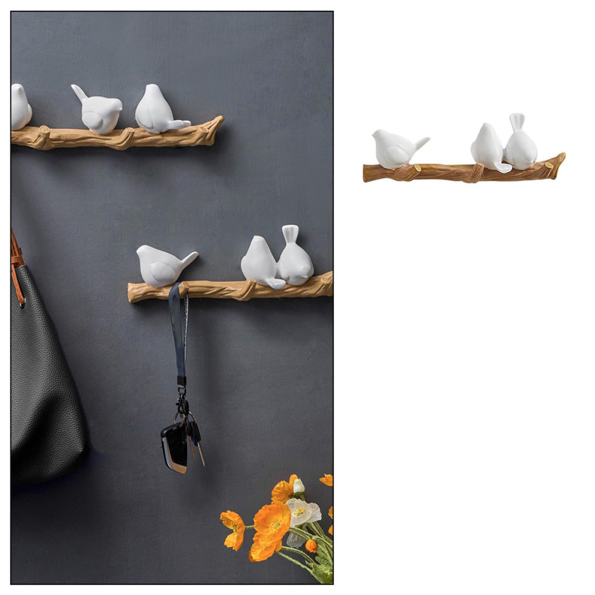 Gancho de Pared Rústico de Resina Diseño de Tres Pájaros Claros sobre Rama, Perchero Decorativo para Abrigos y Sombreros, Colgador Funcional para Hogar y Oficina