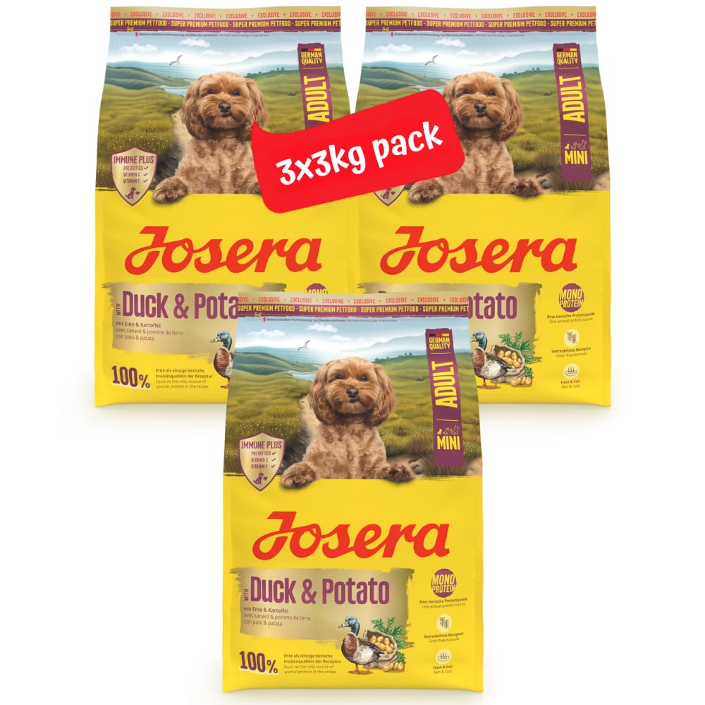 Josera Mini Adult Duck & Potato | Grain free | Single meat protein | Complete dry food for toy & small breed dogs | Immune Plus | Skin & Coat | 3x3kg