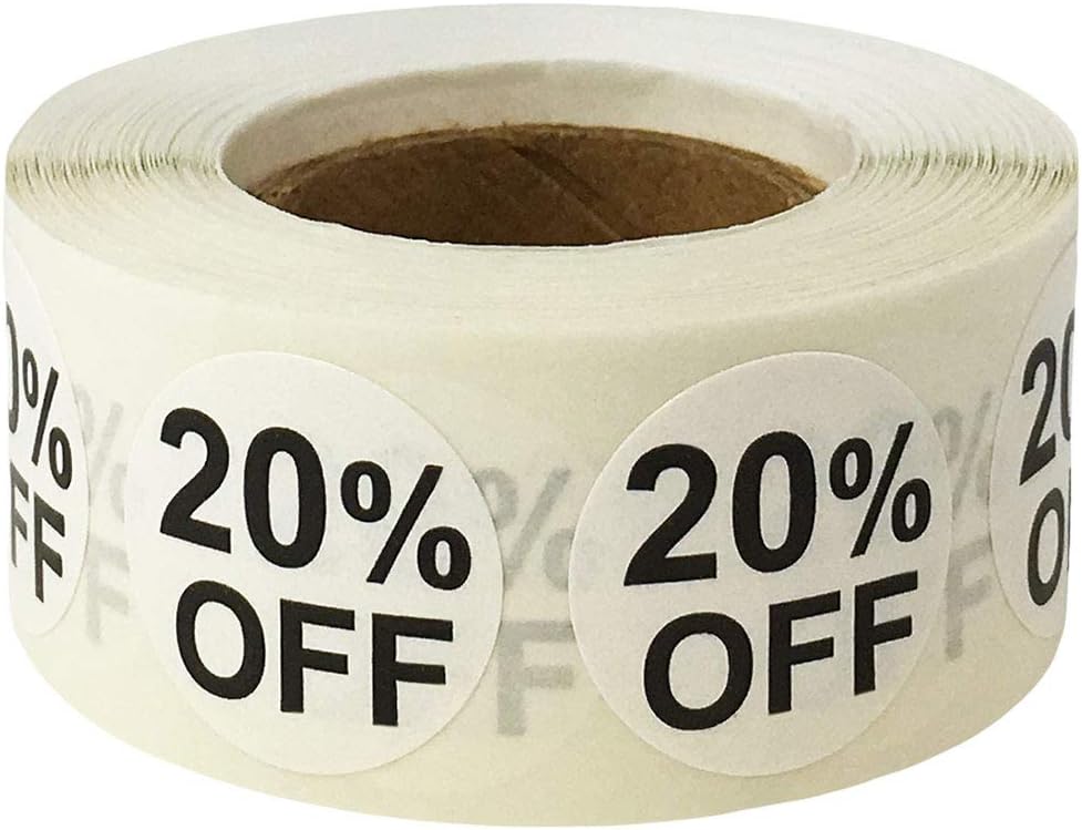 InStockLabels 20% White Stickers for Retail, 500 Labels per Roll, 3/4" Round – Stickers for Promotion & Inventory Event, Easy Peel Tags, Semi-Gloss Adhesive, Apparel-Safe, Residue-Free