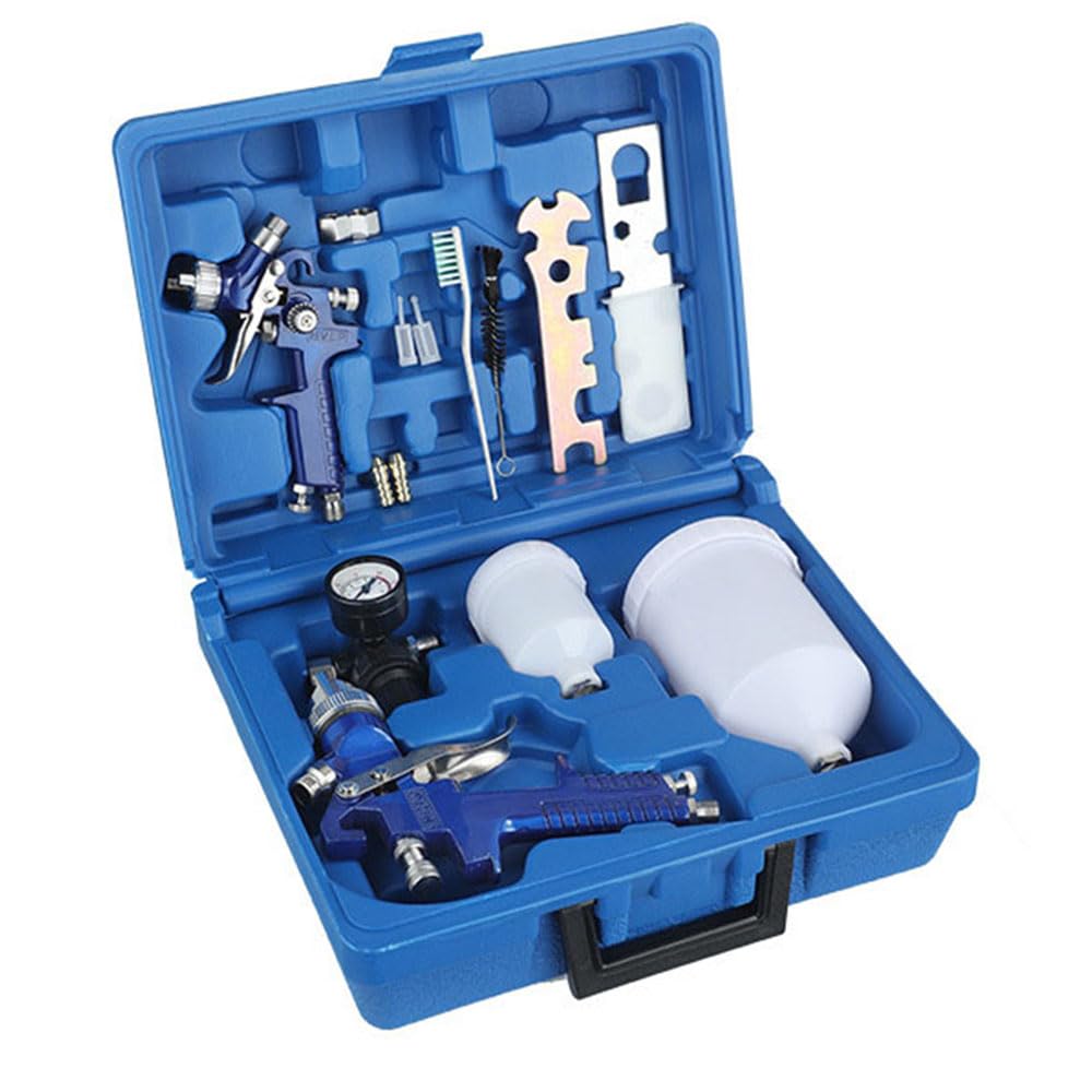 2Pcs Set HVLP Air Gravity Spray Gun Kit, 0.8mm & 1.4mm Nozzle Auto Gravity Feed Painting Tool Set with Locking Air Pressure Regulator Gauge, Wrench, Brush