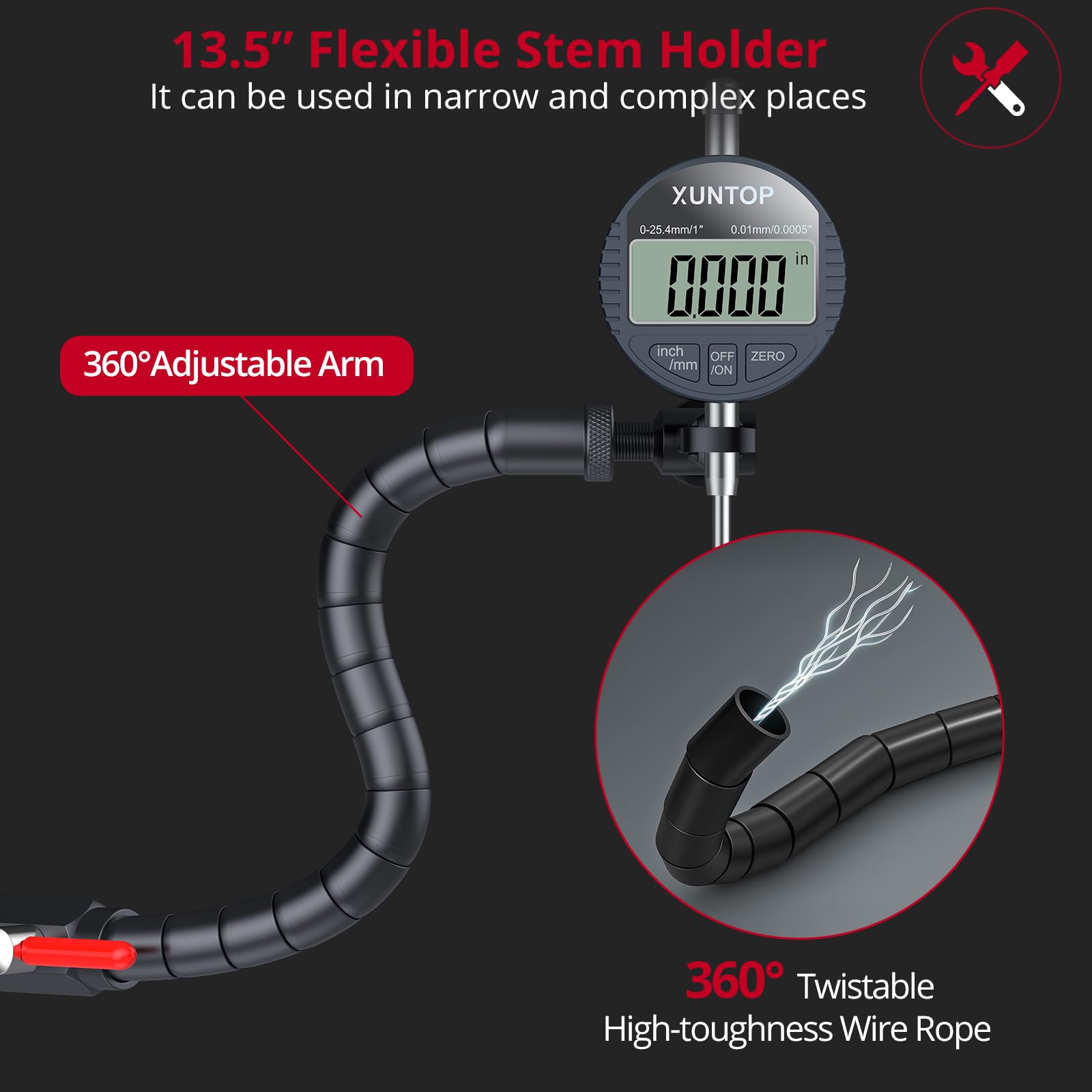 XUNTOP Comparateur magnétique numérique, base magnétique avec bras serpent flexible de 340 mm, comparateur professionnel 0,01 mm/0,0005" portable avec écran LCD pour atelier, tour, fraiseuse