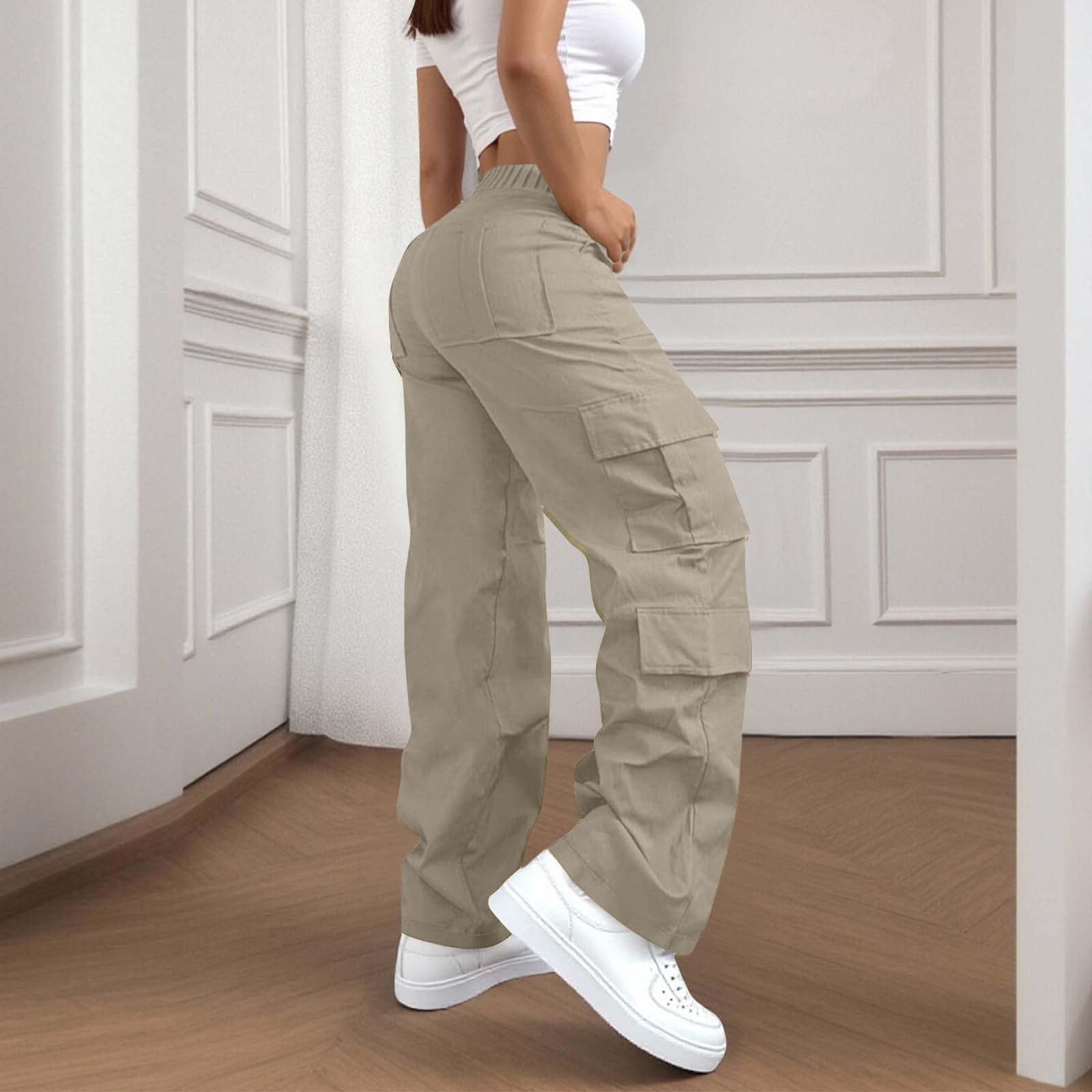 DGZTWLL - Pantalones cargo casuales de lino para mujer, cintura alta, holgados, pantalones de senderismo, estilo urbano, cómodos para el trabajo diario y atuendos casuales