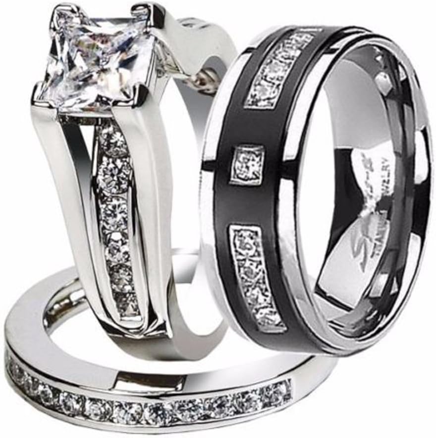 Hers and His Stainless Steel Princess Wedding Ring Set and Titanium Wedding Band