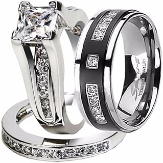 Hers and His Stainless Steel Princess Wedding Ring Set and Titanium Wedding Band