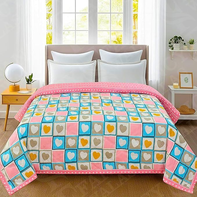 Image of Dohar Single OR Double Bed 100% Cotton Blankets for Summer 150GSM Ac Comforter and Cooling for Summer Classic Printed Design Quilt Ideal for Gifting (Heart Flower Design, Double Bed)