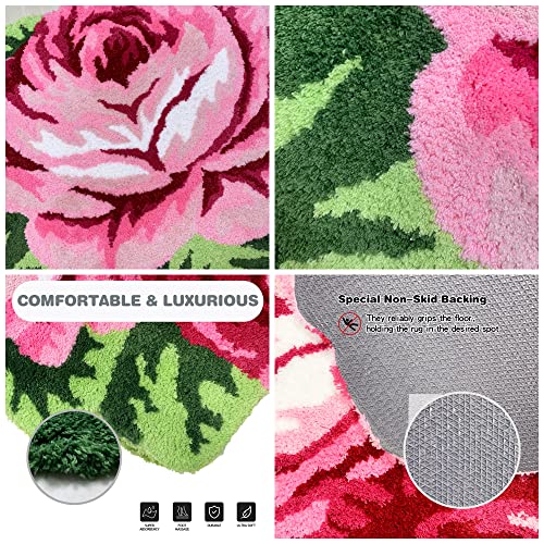 Pink Rose Rug Plush Rug Bath Mat Shaggy Door Mat Water Absorbent Rose Floral Mats Anti-Slip(Non-Slip) Modern Carpet Washable Floor Mats For Bedroom/Sofa/Bathroom (1 Rose, Pink) #TOP5