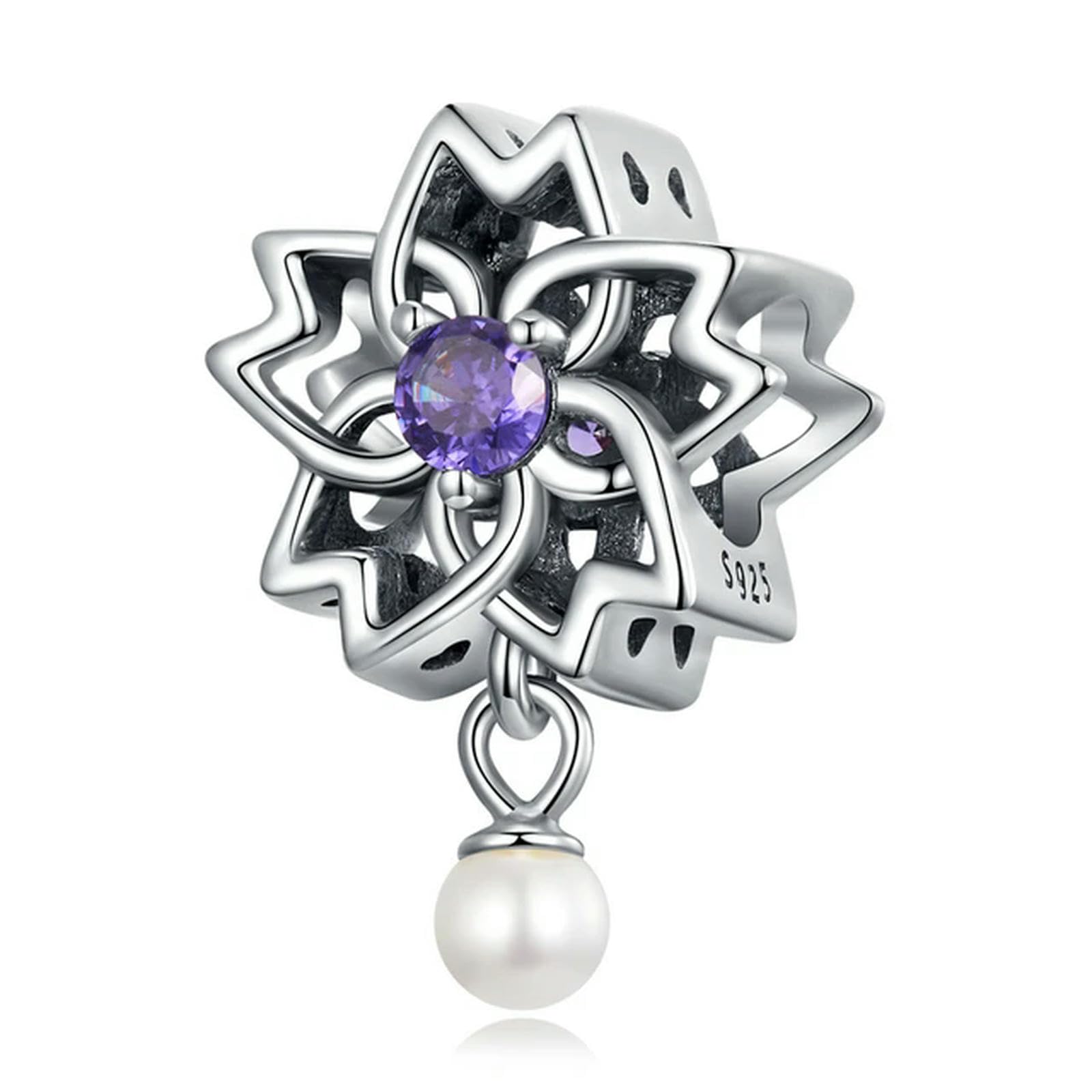 Colgante de plata de ley 925 con textura vintage de circonio morado, ideal para pulseras y brazaletes DIY, con perlas brillantes.