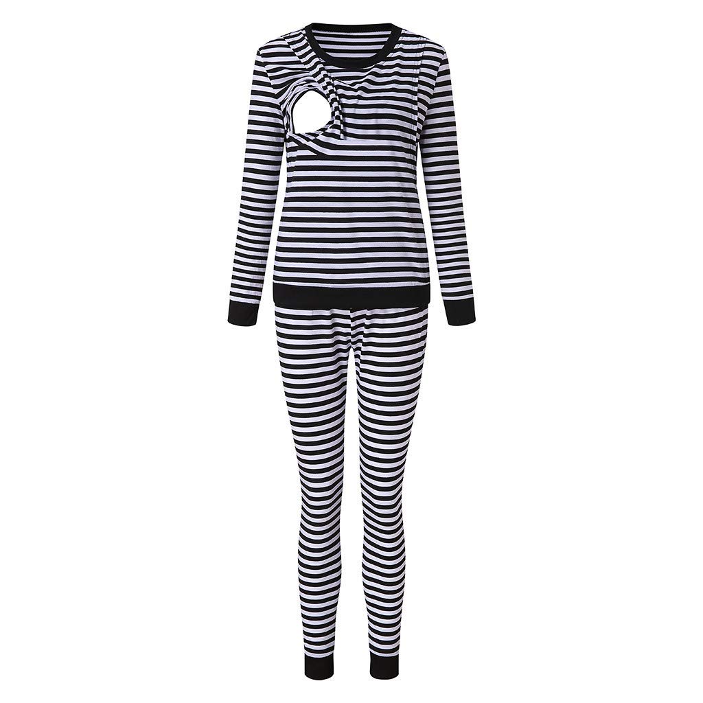 Ensemble haut + pantalon rayé pour femme T-shirt long pyjama manches allaitement costume de maternité et costume de grossesse avec fermeture éclair et