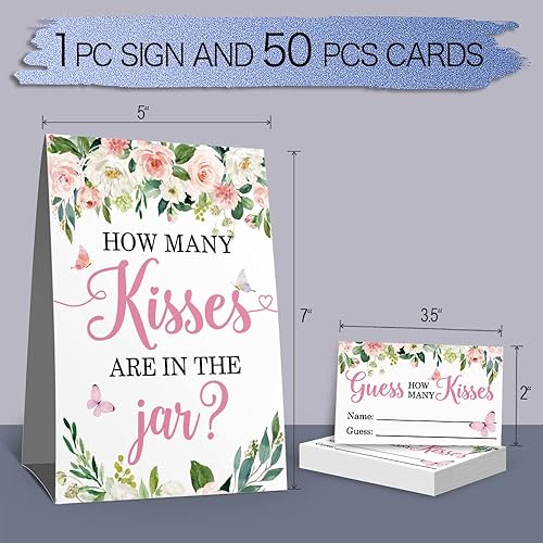 Miniatura 4 de How Many Kisses - Tarjetas de juego para fiesta de baby shower, besos florales de mariposas que adivinan baby showers, boleto de rifa, decoración de