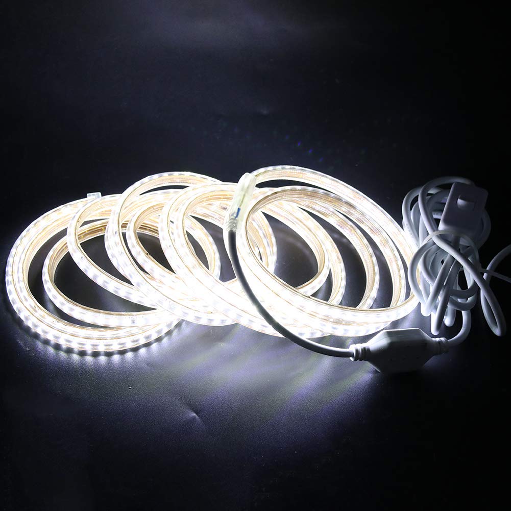 XUNATA Bianco Strisce LED con Interruttore e Alimentatore 220V, 3014 120LED/m, IP65 Impermeabile, Flessibile Striscia a LED per Scaletta Tetto Cavi da Cucina Decorazione- 25m