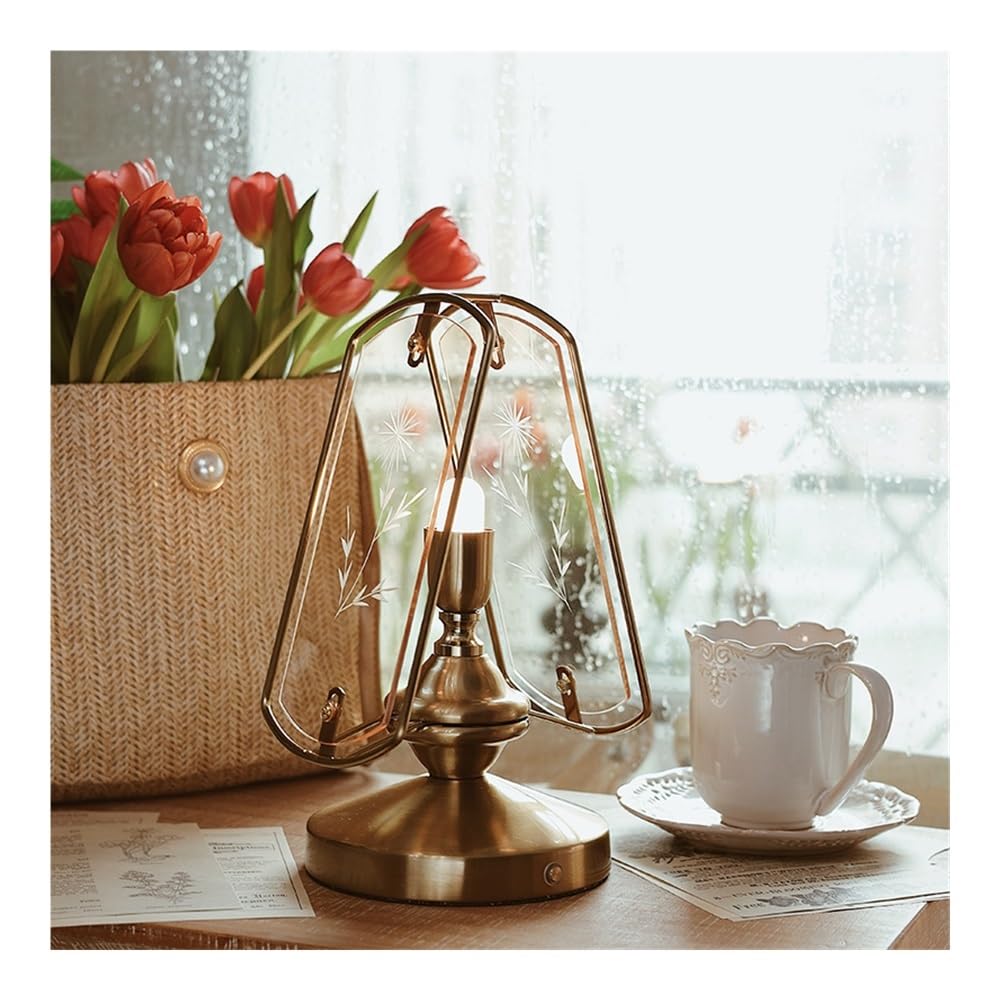 Lámpara de noche moderna para dormitorio, Lámpara de mesa francesa retro de vidrio tallado y hierro forjado, iluminación interior de bajo consumo con LED dorados. , para oficina, sala de estar, noche
