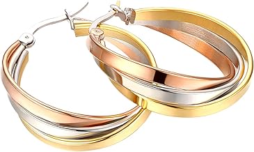 Flongo Damen Groß Ohrringe Frauen Ohrhänger Ohrstecker, Edelstahl Gestüt Reifen Huggie Ohrringe Creolen Silber Rose Gold große Runden Drahtseil Elegant Modell A