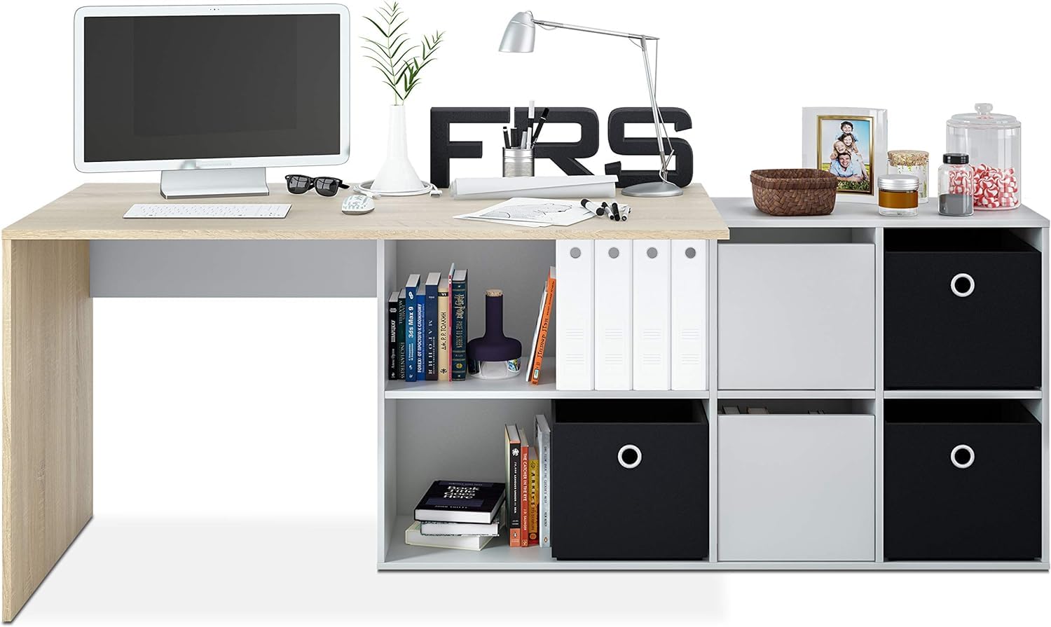 Habitdesign 0F4606A - Mesa Escritorio, Mueble de despacho, Modelo Adapta, Medidas: 74 x 120 x 77 cm, Color Blanco artik y Roble Canadian