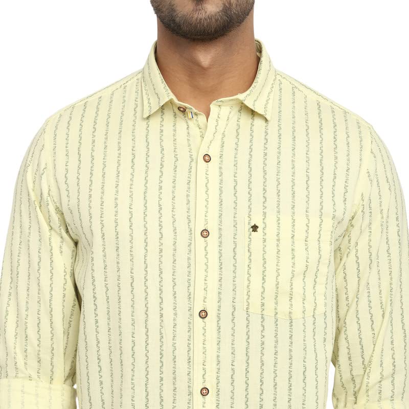 Image of Turtle Men Beige Striped Linen Slim Fit Shirts