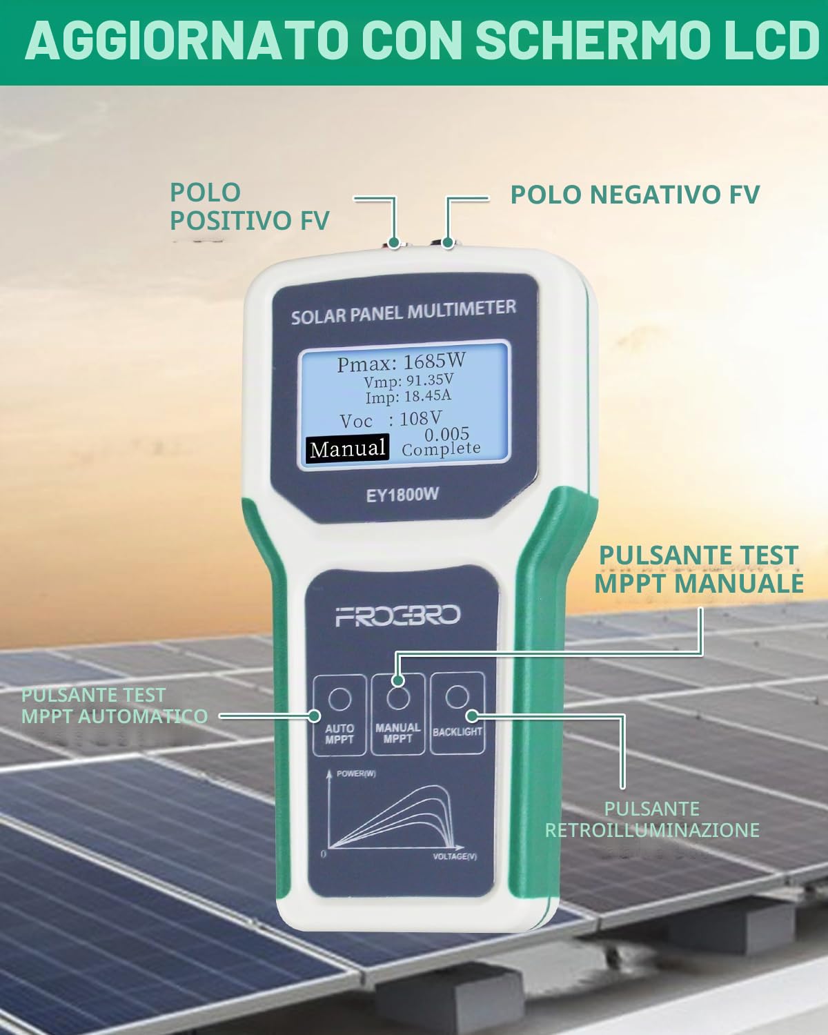 Pannello solare EY-1800 W, multimetro migliorato, con display LCD trasparente, strumento Smart MPPT per test solari