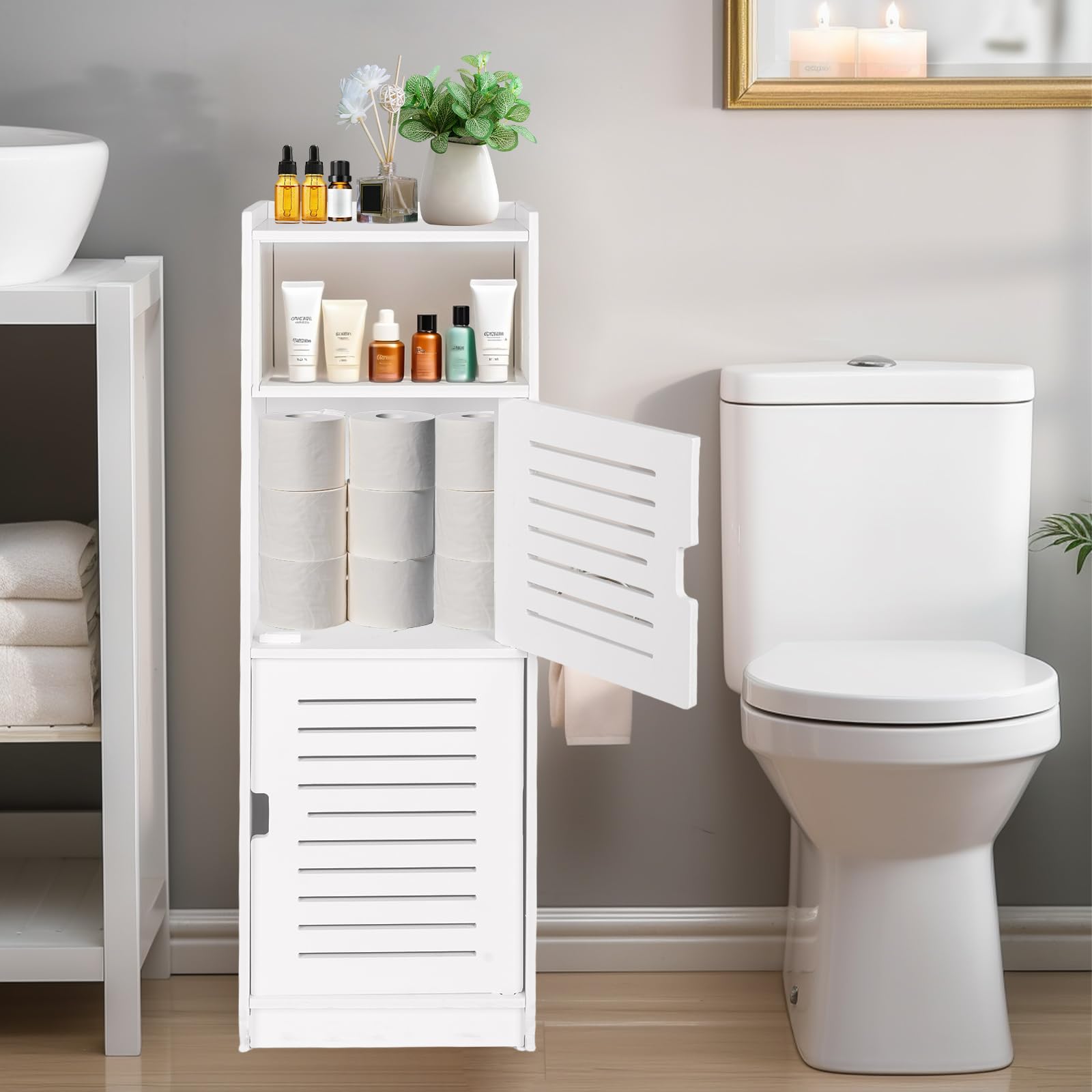powerking 3 Nivel Baño Armario de Almacenamiento, Organizador Independiente con Puertas, Armario de Piso de Almacenamiento Blanco para Dormitorio, Aseo, Sala de Estar, Cocina, Balcón, Oficina