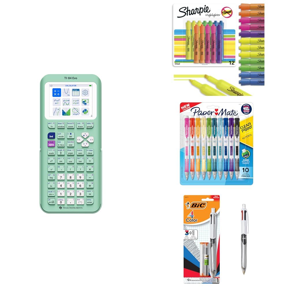 TI-84 Evo Graphing Calculator Mint + Sharpie Tank Highlighters 12 Count + Paper Mate Clearpoint 0.7mm Pencils 10 Count + BIC 4-Color 3+1 Pen 0.7mm Bundle