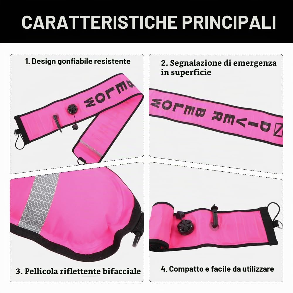 DEWIN Boa Sub, 120x15 cm Boa Apnea Gonfiabile per Snorkeling, Pedagno Sub per Immersione con Valvola per la Segnalazione della Superficie di Immersione Accessori per la Sicurezza