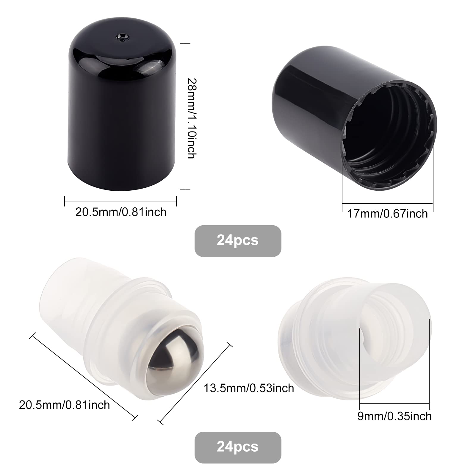 BENECREAT 24Sets Essential Oil Roller Inserts Kit, Stainless Steel Roller Balls and Black Bottle Cap for 5~15ml Essential Oils, Cosmetics Bottle, 9mm inner diameter