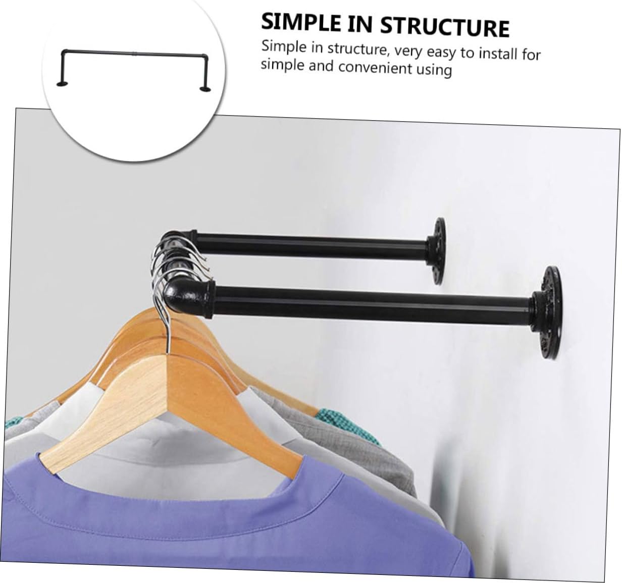 Industrial Style Wall-mounted Metal Clothes Rack 25x106cm Pipe Hanging Rod Space-saving Garment Storage Organizer for Bedroom and Laundry