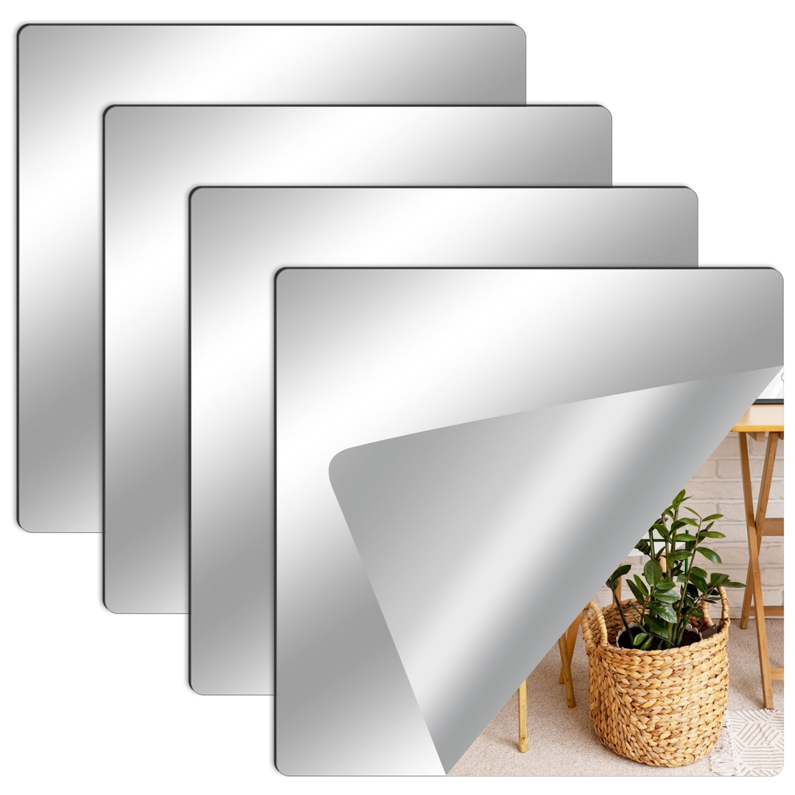 Leikedun 4 Pack HD Self Adhesive Mirror, 20x20cm Adhesive Mirror Tiles 2MM Thick Acrylic Large Full Body Length Acrylic Mirrors Stickers for Home Decoration Gym Hallway