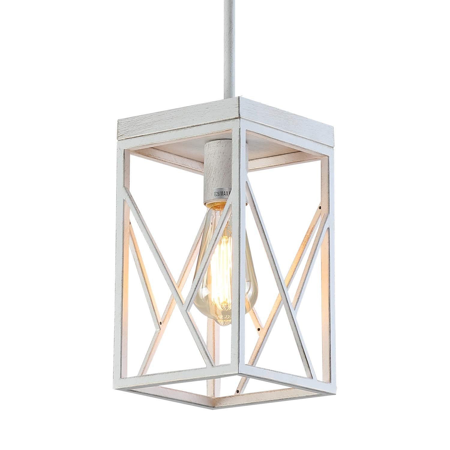 Modern Farmhouse Pendant Light with Metal Cage, One-Light Adjustable Rods Rustic Mini Pendant Lighting Fixture for Kitchen Island Cafe Bar, White with Gold