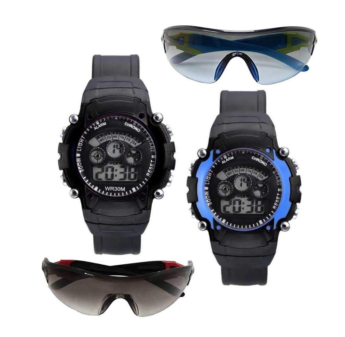 pass passMulticolour 7 Light & Goggal Watch + Sunglasses for Age 7 to 15 Years Boys & Girls (Pack-4) (Black & Blue)
