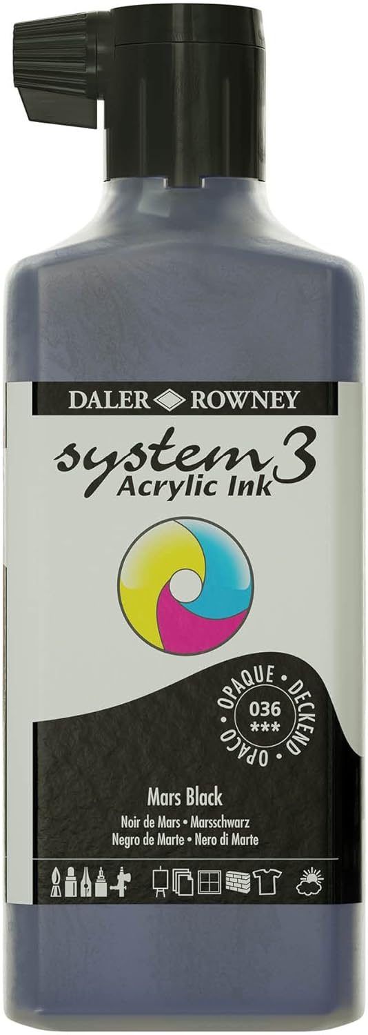 Daler-Rowney System3 Acrylic Ink Bottle Mars Black 180ml - Versatile Acrylic Ink for Artists and Students - Opaque Calligraphy Ink for Drawing Illustrating Airbrushing Dip Pen Ink and More