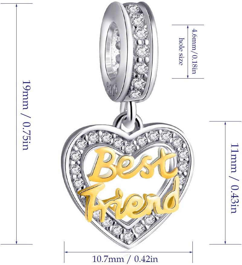 Sterling Silver Best Friend Charm Friendship Gifts Heart Charm Love Pendant with 24k Gold Plating fit Women Charm Bracelets