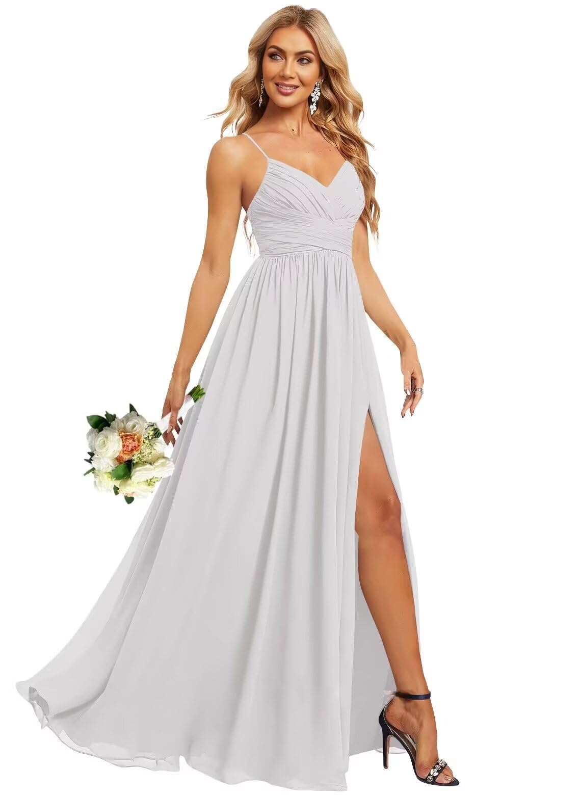 Hdsmfos Chiffon V Neck Bridesmaid Dresses Long for Women with Slit Empire Waist Pleated Formal Party Dress