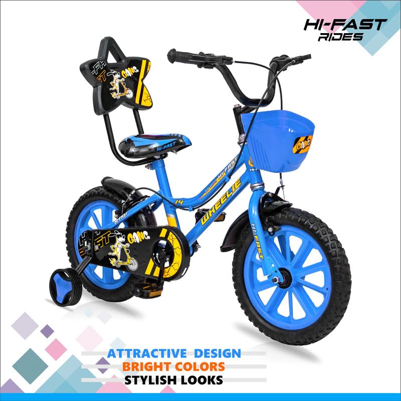Image of HI-FAST Wheelie Fun and Easy-Ride 14 Inch Rigid Cycles for Kids Ages 2-5 Years with Training Wheels and 95% Assembled, Blue