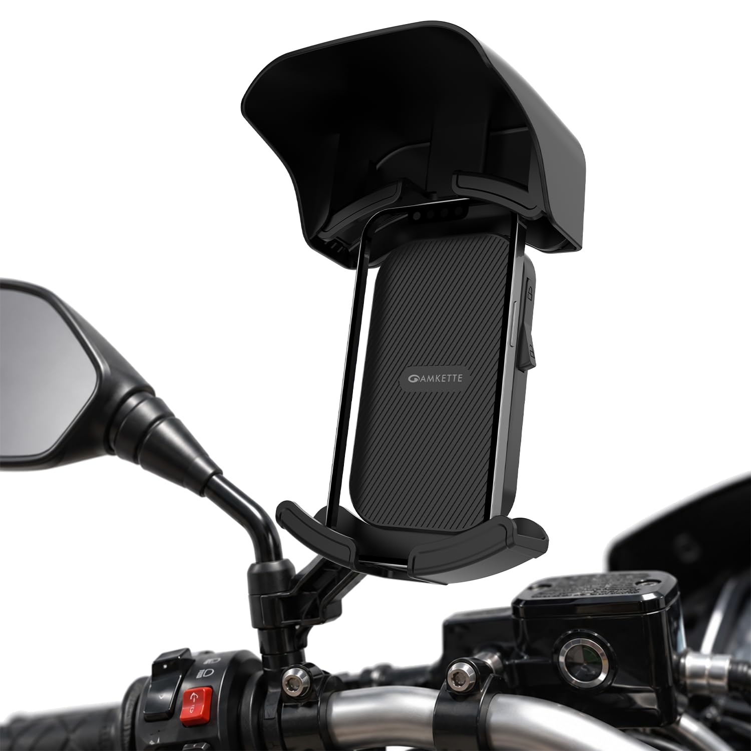 Amkette iGrip Secure X2 Mobile Holder for Bike & Scooty with Mirror Mount, One Press Lock & Unlock, Built in Sunshade, Anti Slip Silicone Grip, 4 Corner Clamping, Compatible with 4.7”–7” Smartphones-image-17