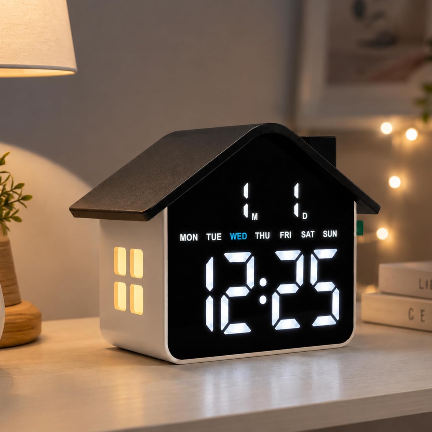 AERYS Digital House-Shaped LED Alarm Clock with 1 Year Warranty,Date, Day, Calender,Large Display & 4-Level Brightness | Modern Desktop Clock with Alarm Function for Bedroom, Office & Study Table