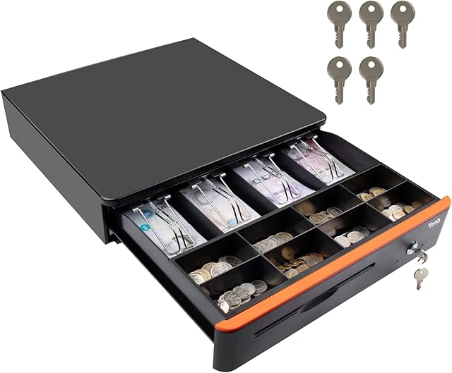 Tera Auto Open Cash Register (with 5 Keys) Till Drawer Box 4 Bill 8 Coin Cash Drawer Tray for POS System, Removable Coin Compartment 12V RJ12 Key-Lock, Media Slot for Shops Businesses, 405R