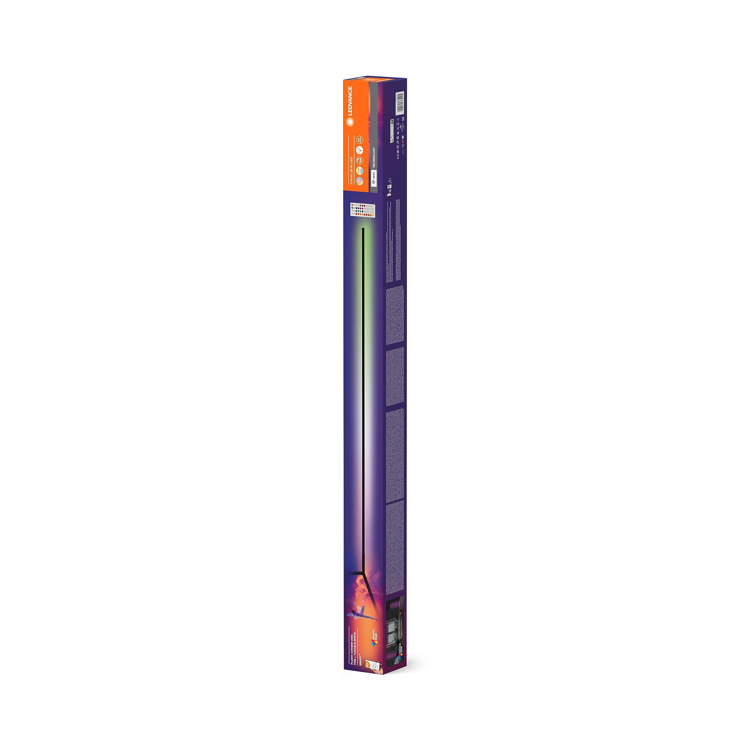 Ledvance, LEDVANCE SMART WIFI LED narożna oprawa podłogowa, 200cm, czarna, 20 W, 1710 lm, regulowane białe i barwne światło, ściemniana, funkcja rytmu, sterowana przez aplikację, 2700-6500 K