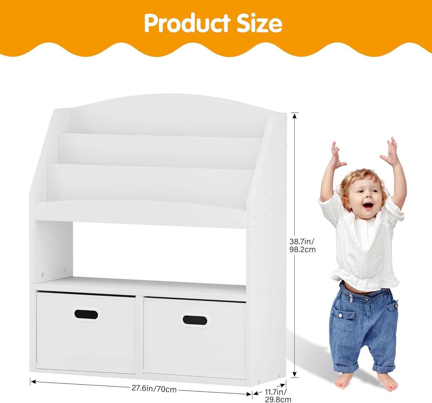 Homeiju Kids Bookshelf & Toy Storage Organizer with 2 Fabric Bins, 3 Tier Children Book Shelf, Toddler Bookcase for Toddler, Kids Room, Toys, Nursery, Playroom, White