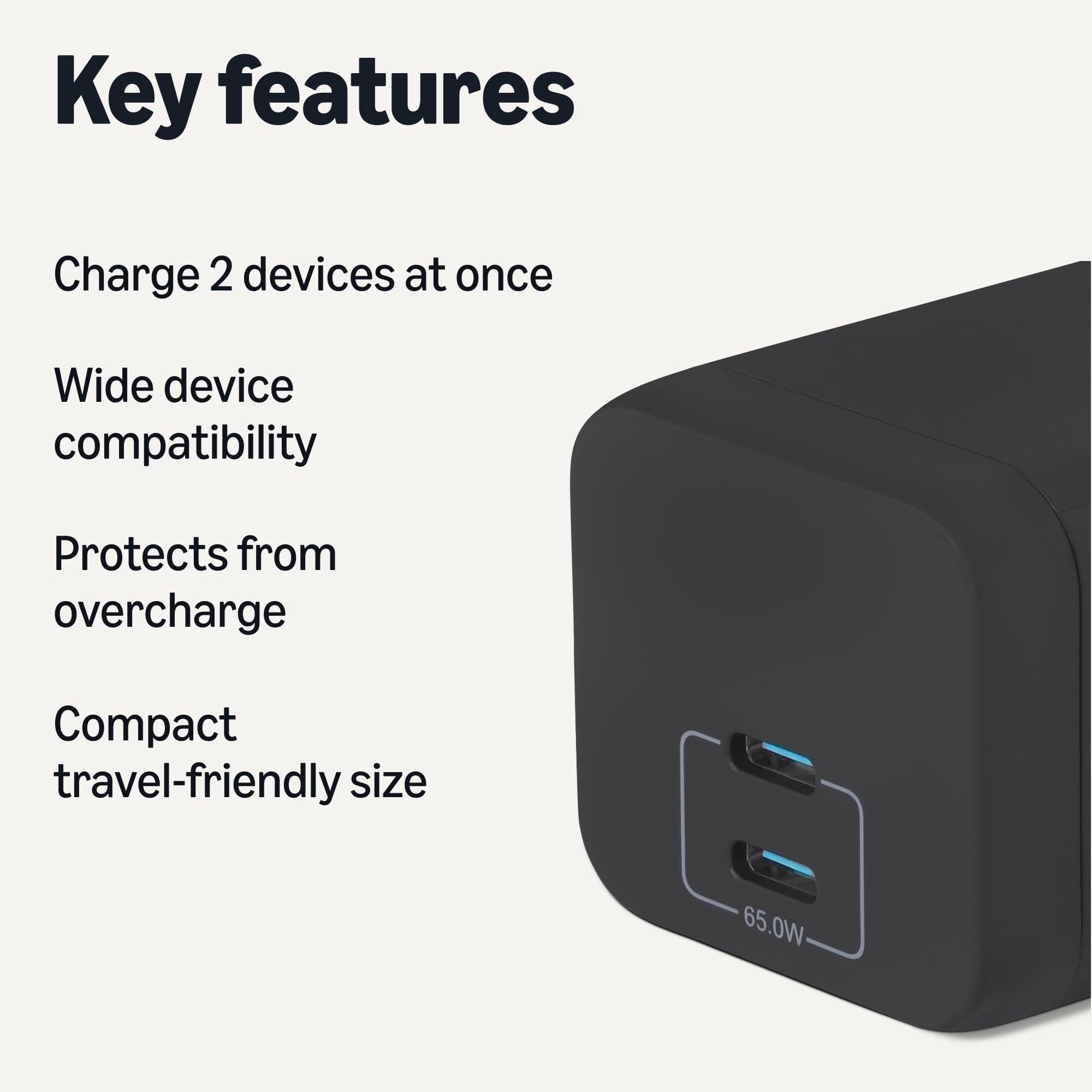 Amazon Basics Fast Charging USB C Nano GaN Wall Charger, 65W 2-Port for Laptops, Tablets, Phones, Black - 3