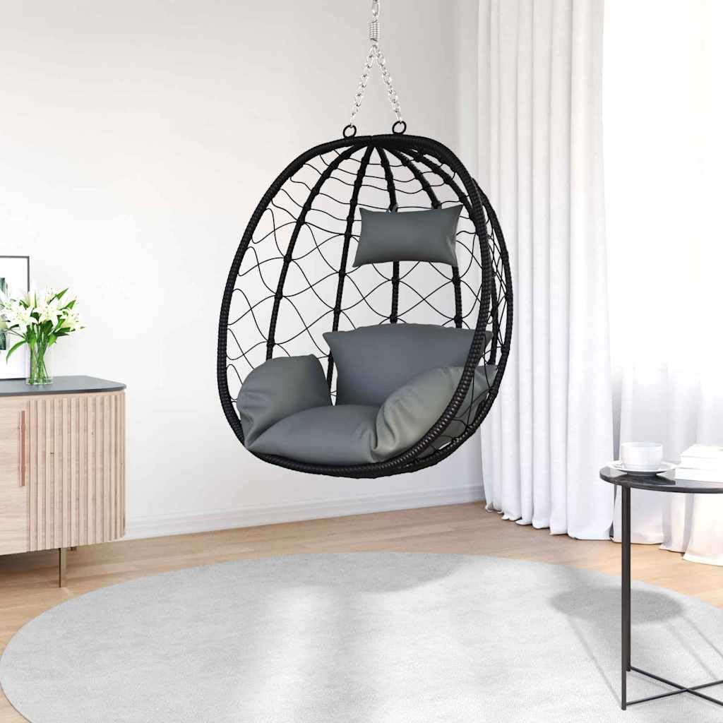 Silla de huevo colgante de polirratán antracita ergonómica 91,5 x 54,5 x 107 cm plegable con cojín y reposacabezas para jardín, balcón, terraza, exterior, relajarse y columpiarse