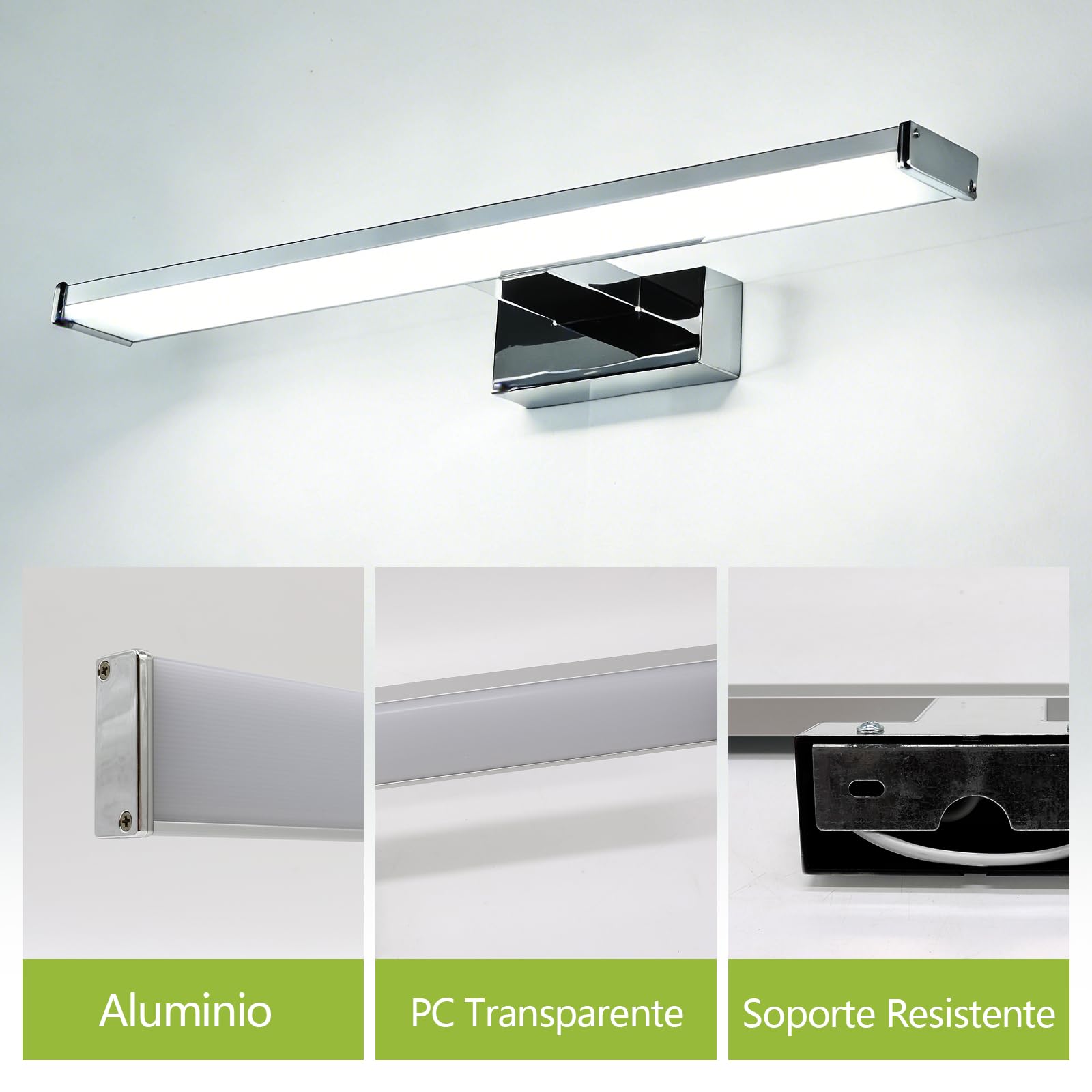 Lámpara de Espejo LED Baño 40cm 8W 640lm Blanca Frio 6500K IP44 Impermeable Aplique LED Aluminio Lámparas de Baño Iluminación para Armario Maquillaje Gabinete No Regulable 230V