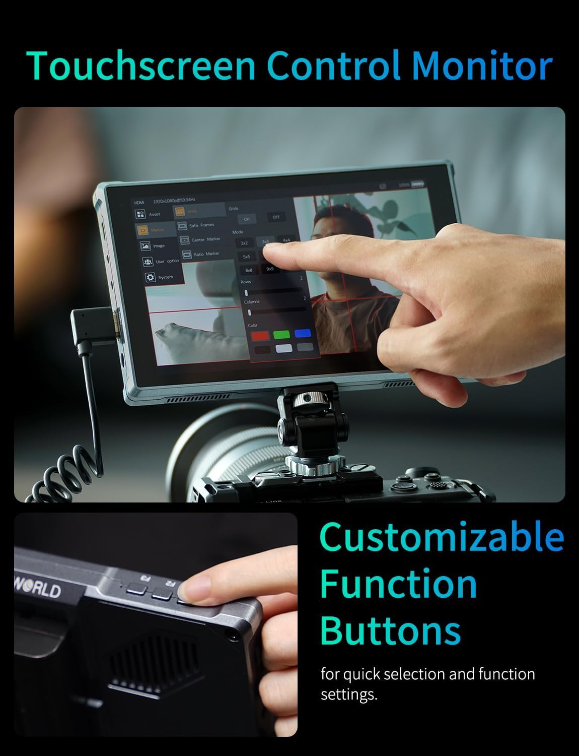 FEELWORLD FW759 PRO monitor showing a hand interacting with the touchscreen menu and another hand pressing customizable function buttons F1, F2, F3.