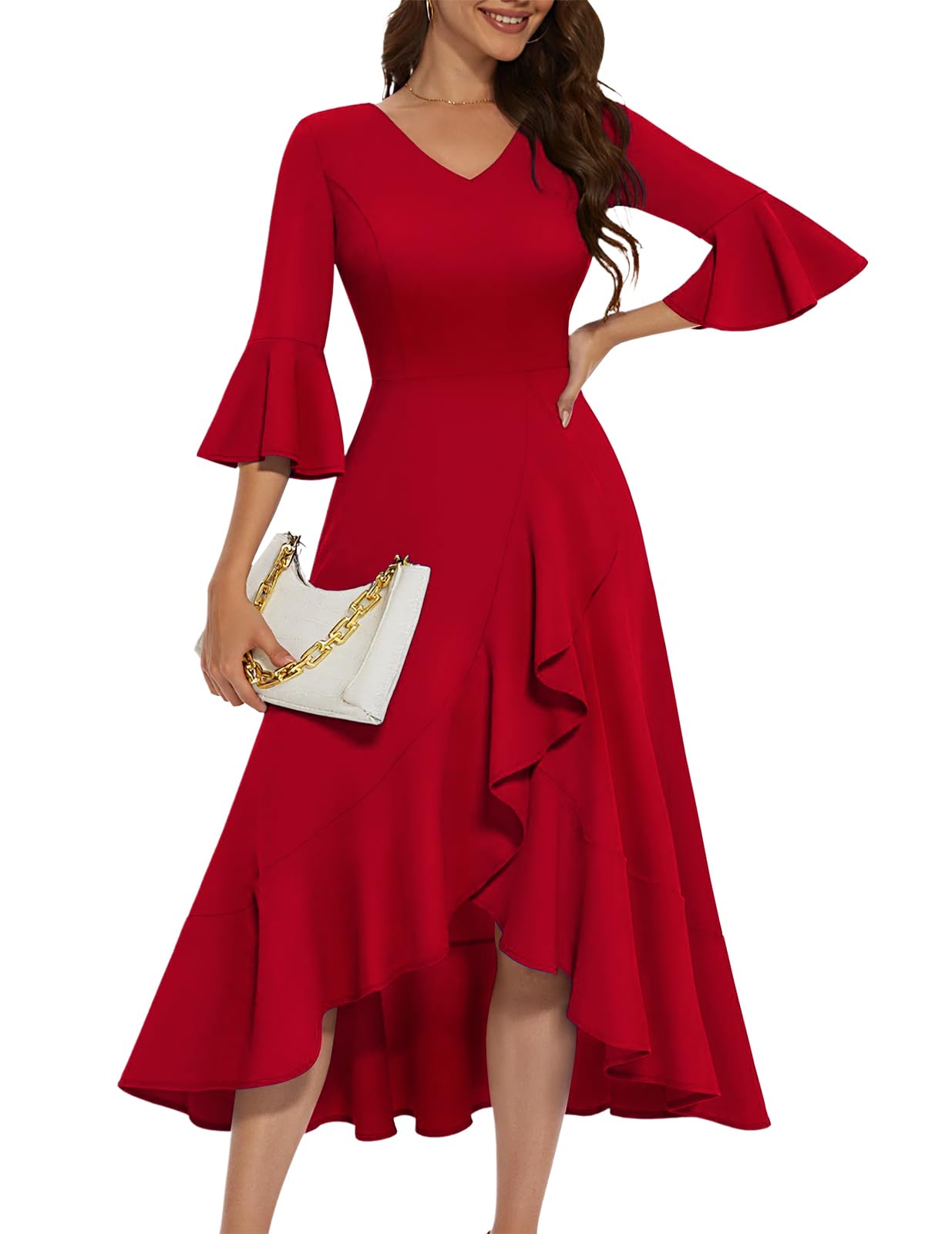 HomRain Women's Wedding Guest Dress Elegant Formal Cocktail Bell Sleeve Dress for Prom Homecoming Tea Party