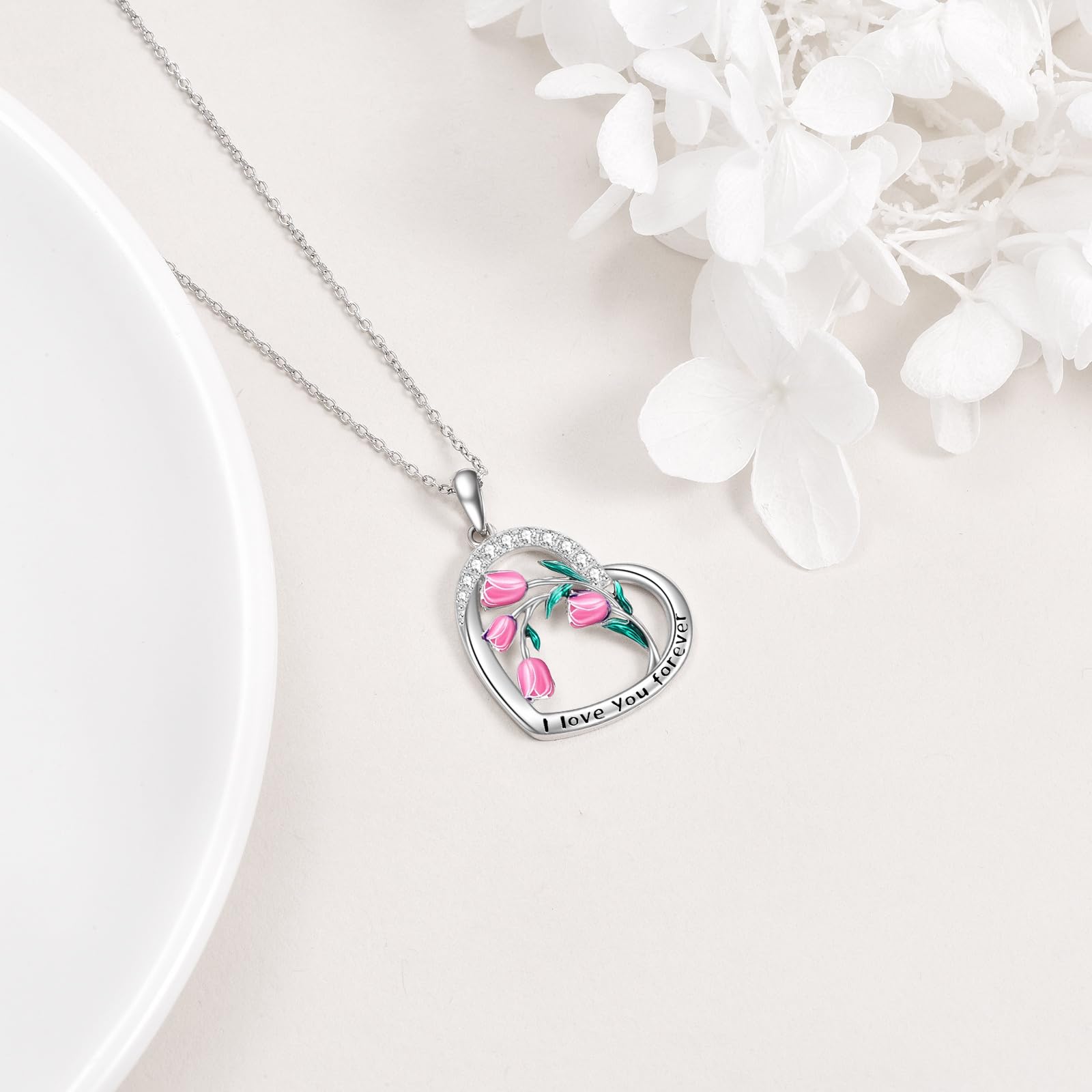 CRMAD Purple Tulips Necklace Sterling Silver Moonstone/Crystal/Cross Flower Tulips Jewelry Mother's Day Gifts