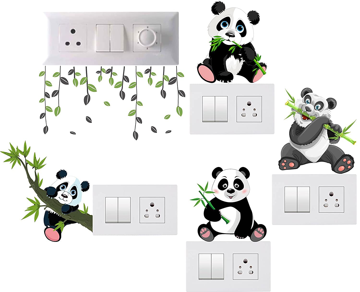 Byte Shop Cute Small Panda with Helping Each Other Panda Face Eating Leaves and Playing Decal Self Adhesive PVC Vinyl Decorative Small Switch Penal/Board Decor Wall Sticker (Multicolor)