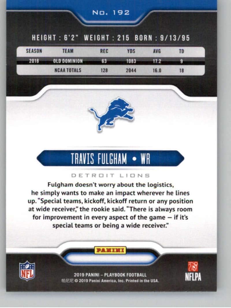 2019 Panini Playbook #192 Travis Fulgham Detroit Lions RC Rookie NFL Football Trading Card