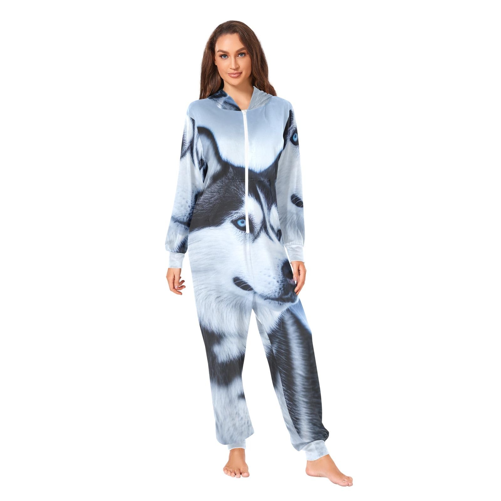 Husky Dog Adulto Pigiama Tuta con Cappuccio Zip Tuta per Donne Uomini Caldo Natale Sleepwear