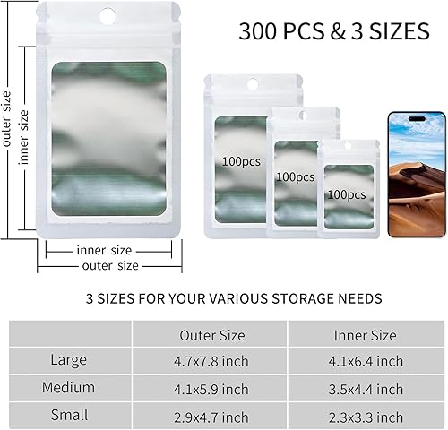 Miniatura 3 de Paquete de 300 bolsas holográficas de Mylar resellables de 3 tamaños, bolsas para almacenamiento de alimentos, a prueba de olores, con ventana