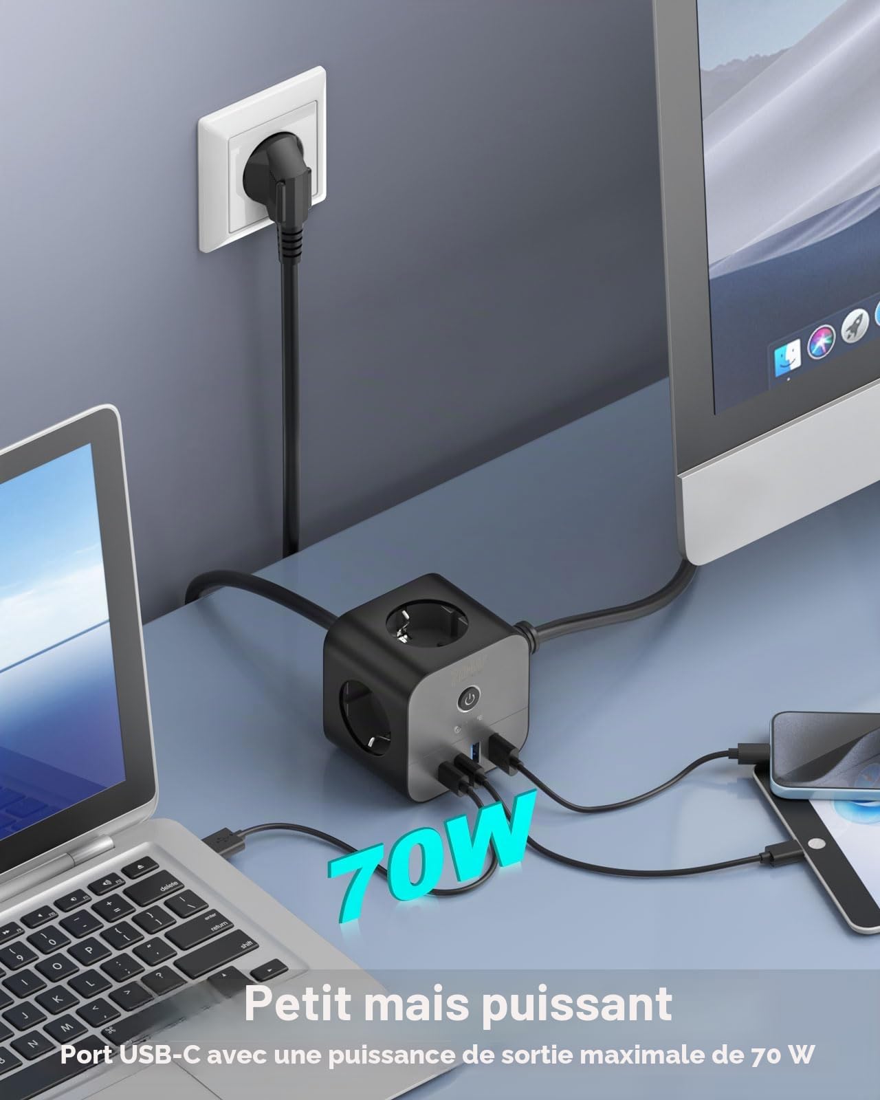 VEFVE Multiprise Cube 7 en 1 (Attention : Standard Allemand Schuko), Chargeur USB-C 70W GaN, 3 Prises (3680W) & 4 USB avec Interrupteur, Câble 3m, pour Laptops et Smartphones, Noir