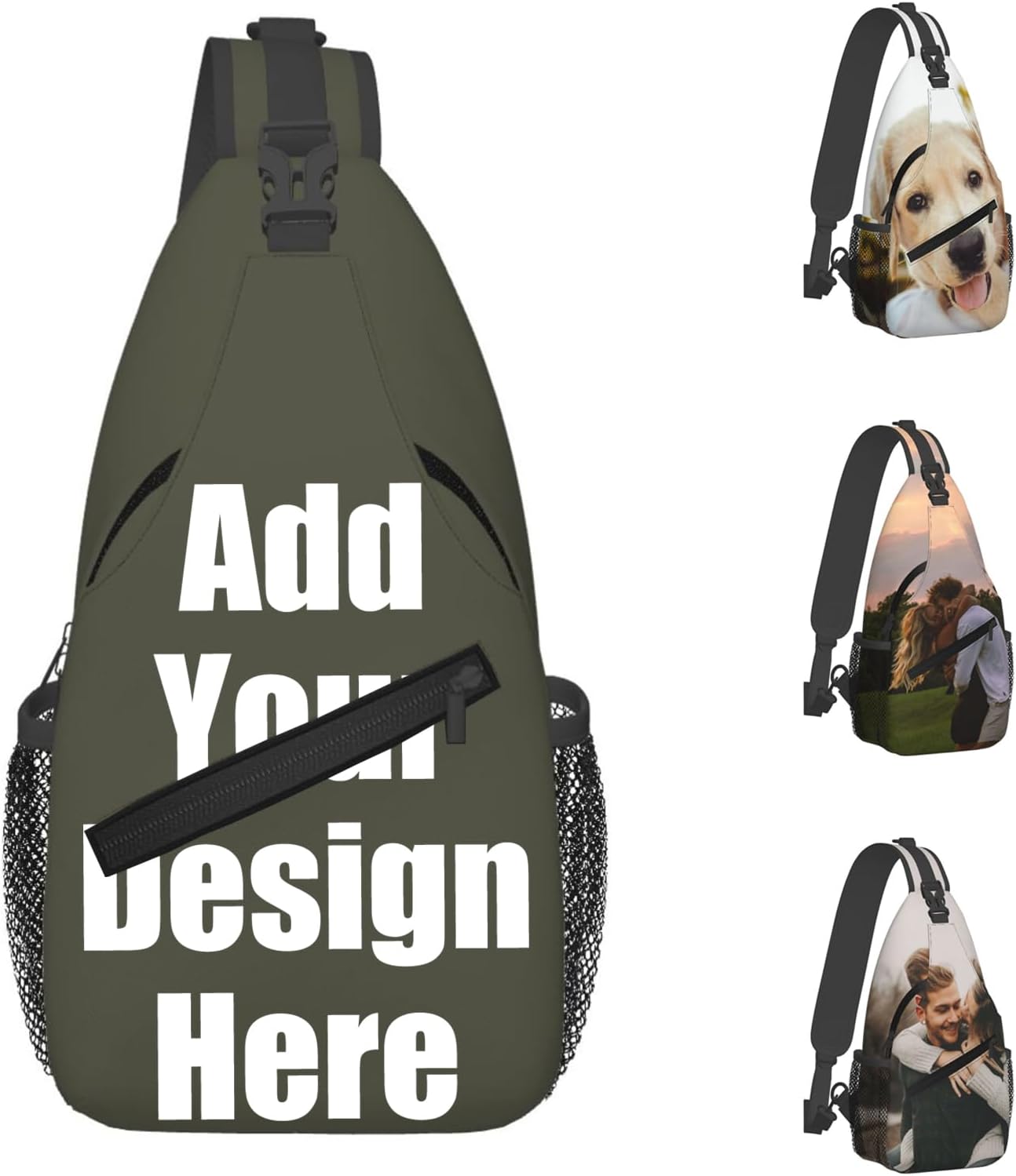 Personalized Image Text Sling Bags Custom Name Logo Sports Backpack for Women Men Customized Outdoor Sling Bag Gifts for Couple Family Friend, MilitaryGreen